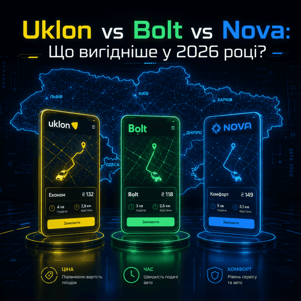 Порівняльний колаж сервісів таксі Uklon, Bolt та Nova в Україні на тлі цифрової карти з тарифами 2026 року.