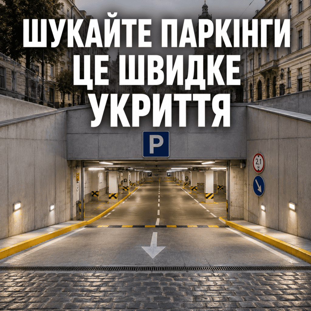 Зображення в’їзду до підземного паркінгу у Львові з жирним українським текстом: "Шукайте паркінги — це швидке укриття".