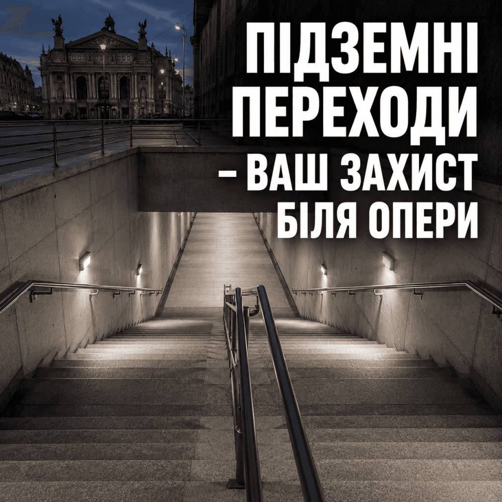 Вид вниз на сходи підземного переходу у Львові біля Опери, з жирним українським текстом: "Підземні переходи — ваш захист біля Опери".