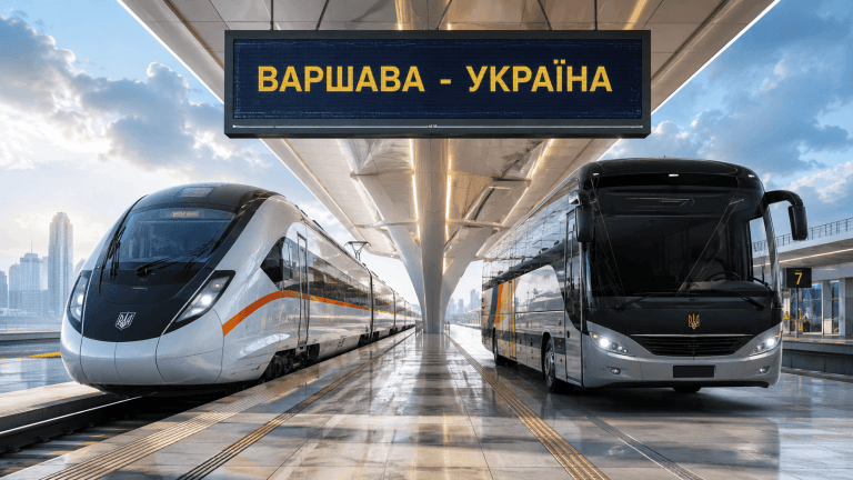 Головне зображення: сучасний поїзд та автобус для поїздки з Варшави до України.