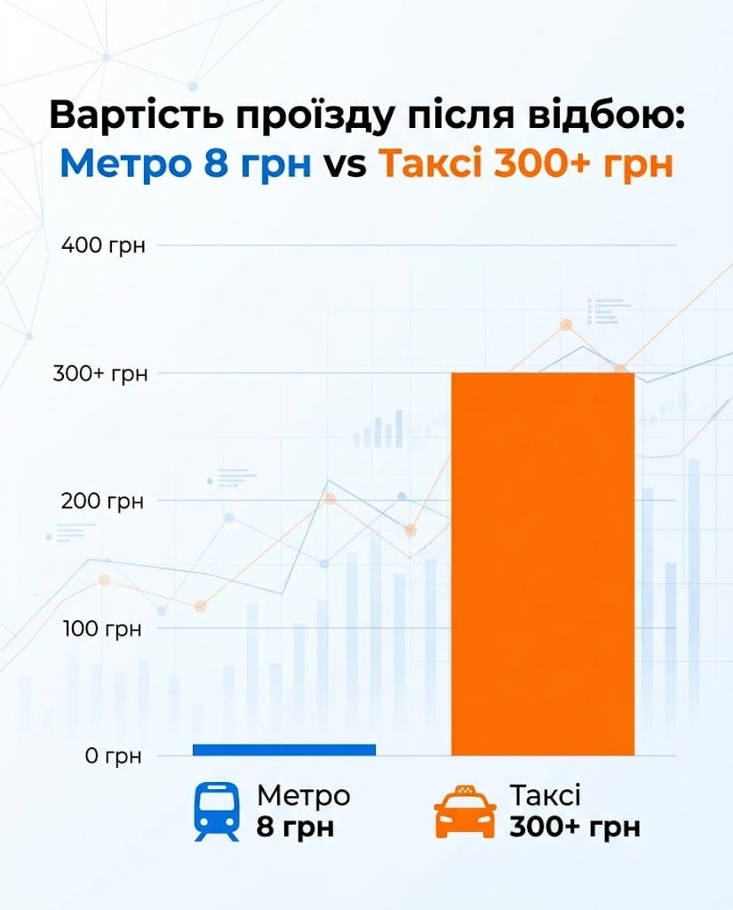 Діаграма порівняння вартості проїзду в метро та на таксі у Києві після закінчення повітряної тривоги.