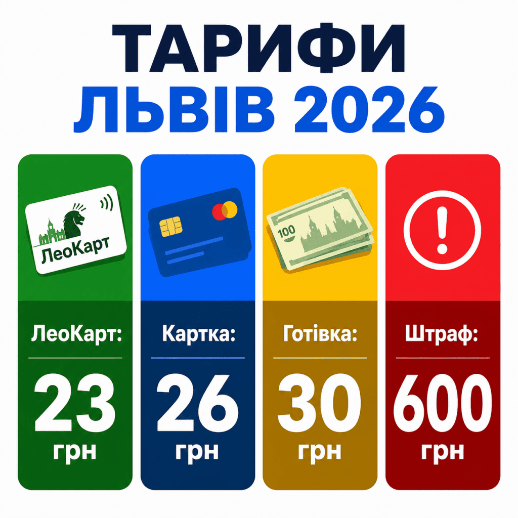 Порівняльна інфографіка вартості проїзду у транспорті Львова у 2026 році залежно від способу оплати та розмір штрафу за безквитковий проїзд.
