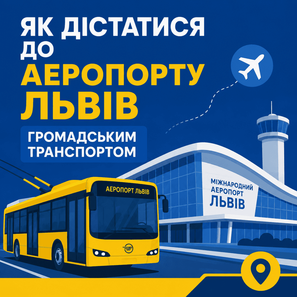Інфографіка-банер статті про те, як доїхати до Міжнародного аеропорту Львів за допомогою міського громадського транспорту.
