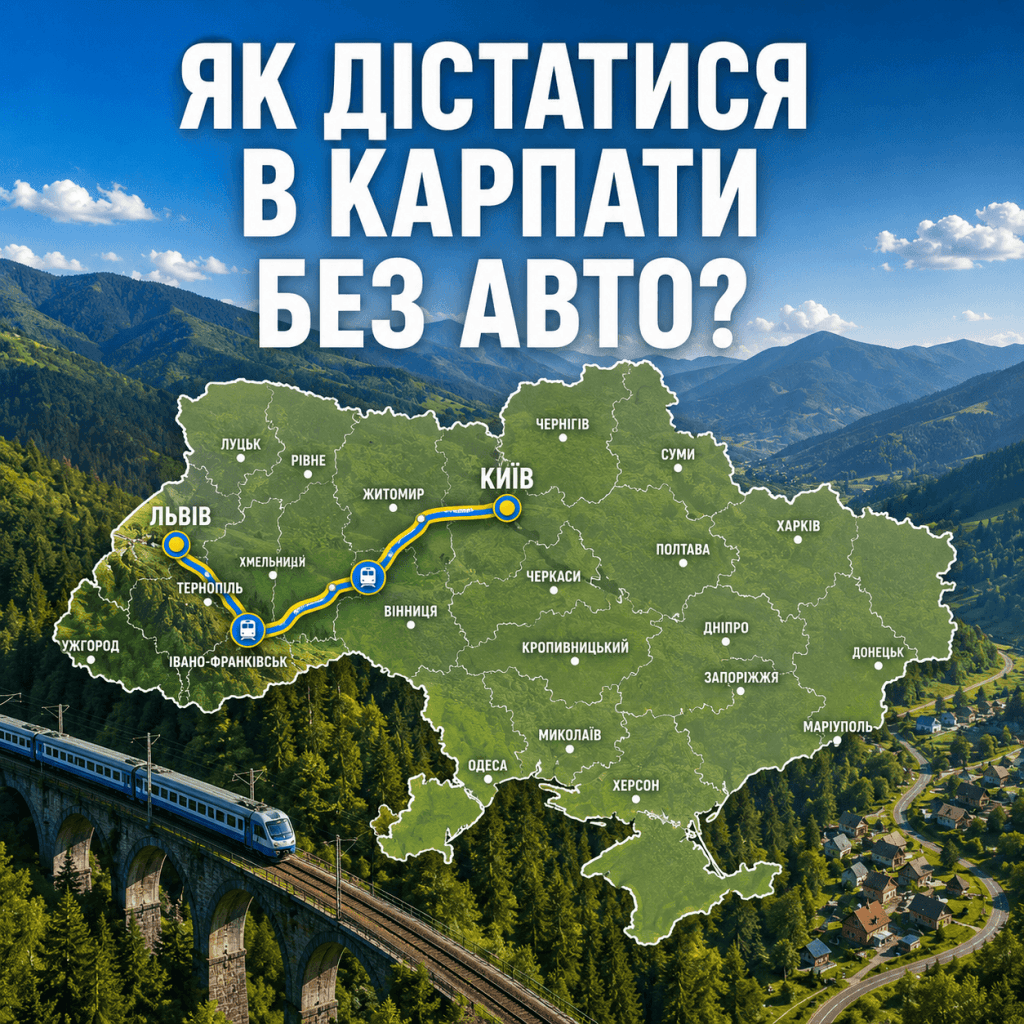 Панорамний вид Карпат із графічною картою транспортних маршрутів з Києва та Львова та заголовком "ЯК ДІСТАТИСЯ В КАРПАТИ БЕЗ АВТО?".