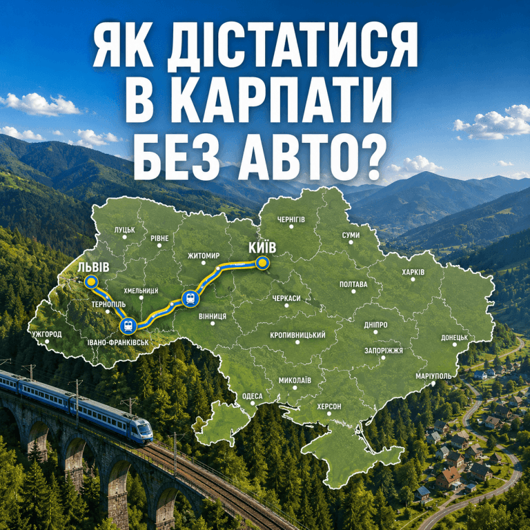 Панорамний вид Карпат із графічною картою транспортних маршрутів з Києва та Львова та заголовком "ЯК ДІСТАТИСЯ В КАРПАТИ БЕЗ АВТО?".
