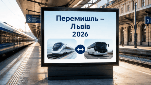 Інформаційний стенд на вокзалі з напрямком Перемишль Львів та вибором між поїздом і автобусом 2026 року.