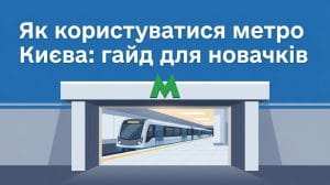 Головне зображення: вхід до метро Києва із зеленою літерою М та ілюстрацією сучасного поїзда.