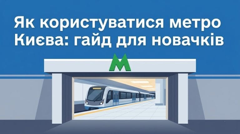 Головне зображення: вхід до метро Києва із зеленою літерою М та ілюстрацією сучасного поїзда.