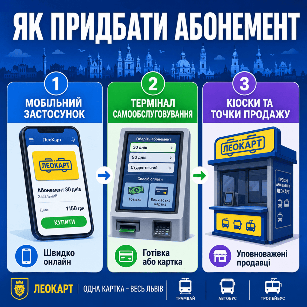Покрокова інфографіка: Три способи купити або поповнити проїзний ЛеоКарт у Львові 2026.