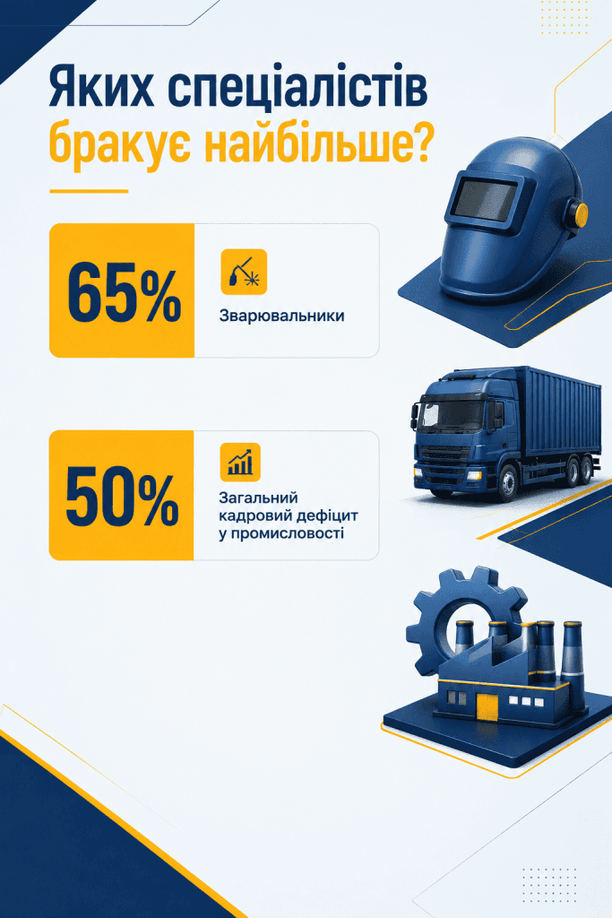 Статистична інфографіка: яких спеціалістів не вистачає під час війни на підприємствах міста Дніпро. Візуалізація рівня дефіциту зварювальників та загального браку кадрів.