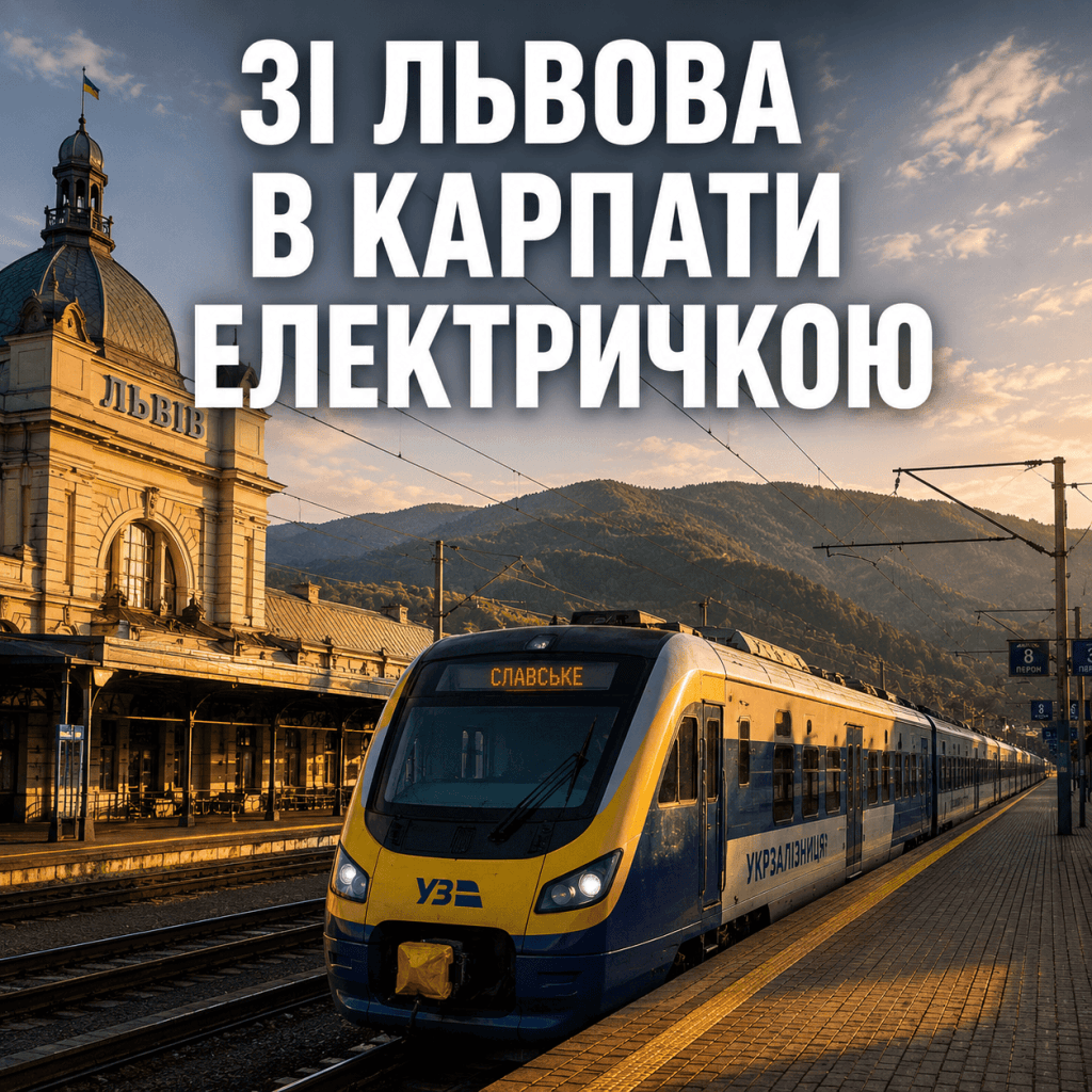 Сучасна приміська електричка на станції Львів-Головний, на задньому плані видно Карпати під вечірнім сонцем, із заголовком "ЗІ ЛЬВОВА В КАРПАТИ ЕЛЕКТРИЧКОЮ".