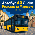 Сучасний міський автобус номер 40 у Львові на фоні стилізованої архітектури міста із заголовком про розклад та маршрут.