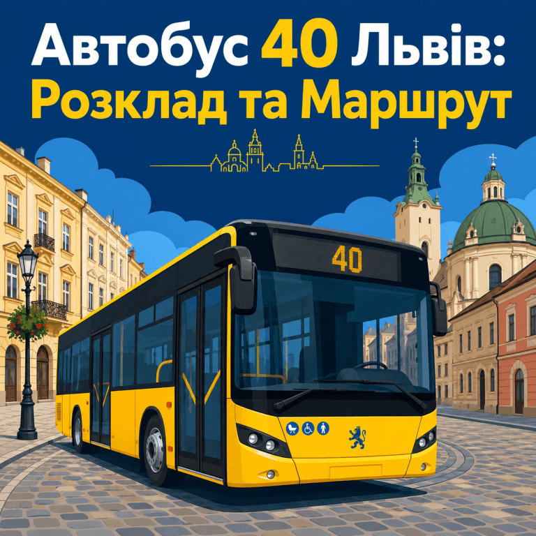 Сучасний міський автобус номер 40 у Львові на фоні стилізованої архітектури міста із заголовком про розклад та маршрут.