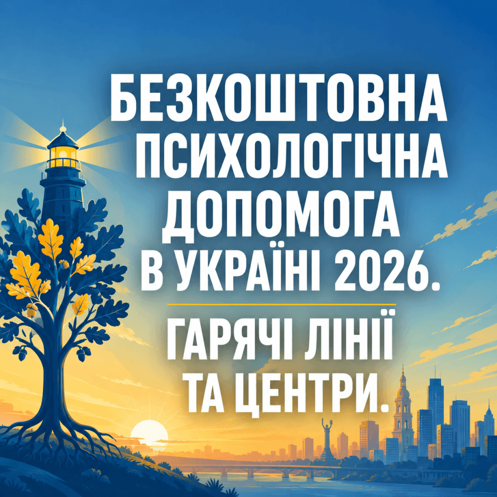 Головне зображення статті про безкоштовну психологічну допомогу в Україні у 2026 році. На ілюстрації зображено стилізований схід сонця над містом та великий текст українською мовою: "БЕЗКОШТОВНА ПСИХОЛОГІЧНА ДОПОМОГА В УКРАЇНІ 2026. ГАРЯЧІ ЛІНІЇ ТА ЦЕНТРИ".