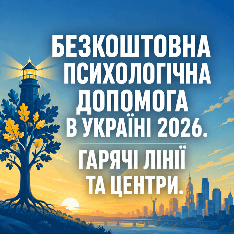 Главное изображение статьи о бесплатной психологической помощи в Украине в 2026 году. На иллюстрации изображен стилизованный восход солнца над городом и большой текст на украинском языке: "БЕСПЛАТНАЯ ПСИХОЛОГИЧЕСКАЯ ПОМОЩЬ В УКРАИНЕ 2026. ГОРЯЧИЕ ЛИНИИ И ЦЕНТРЫ".