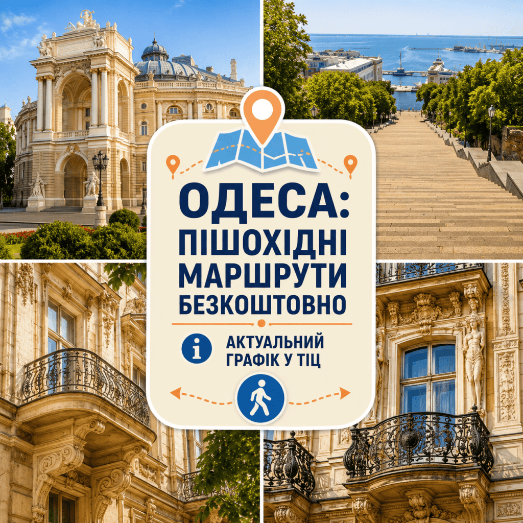 Фотоколлаж достопримечательностей Одессы: Потемкинская лестница (пустая) и Оперный театр, без людей, с текстом на украинском языке "ОДЕССА: ПЕШЕХОДНЫЕ МАРШРУТЫ БЕСПЛАТНО".