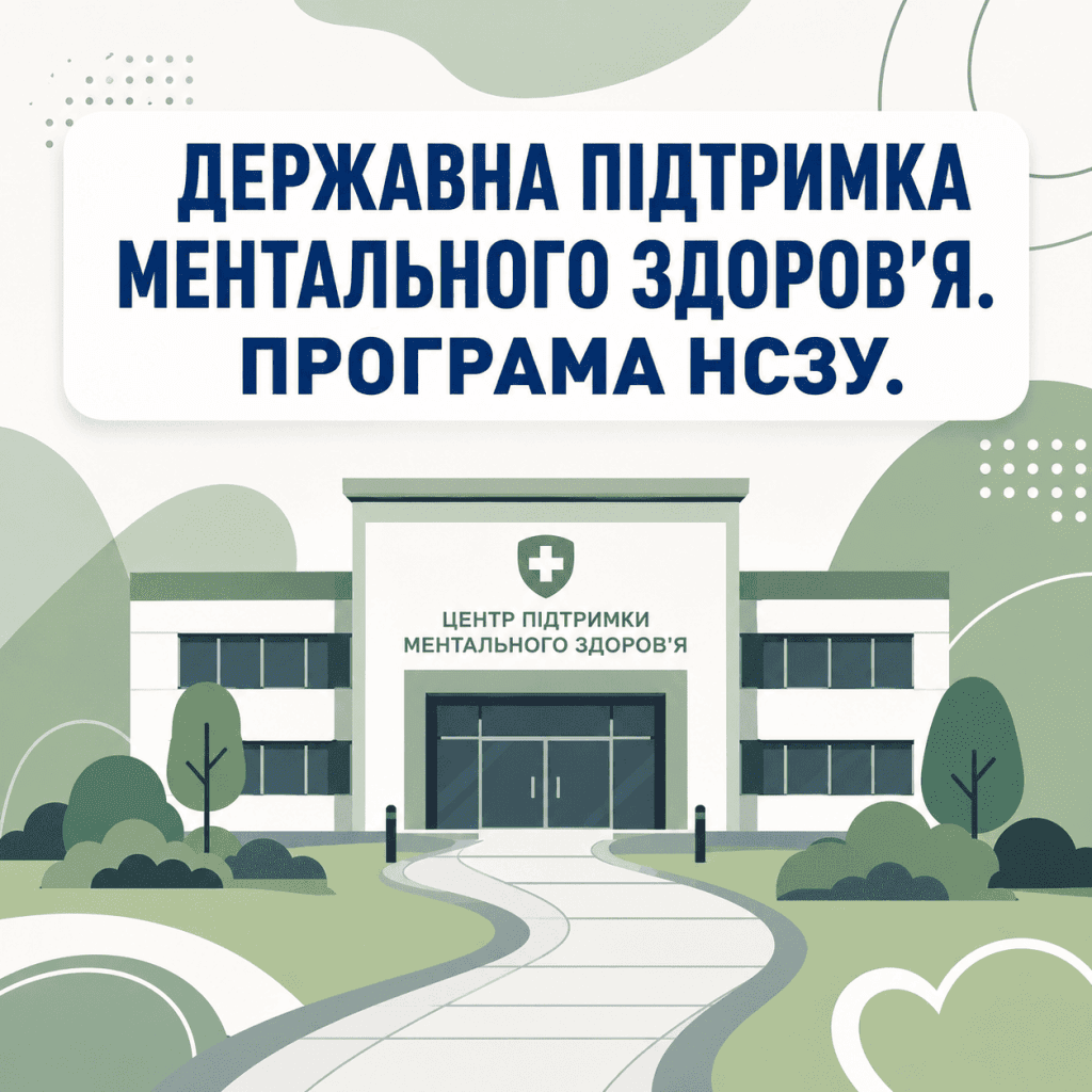 Мінімалістична графіка, що ілюструє державну систему підтримки ментального здоров'я. На зображенні видно стилізовану будівлю центру та великий текст: "ДЕРЖАВНА ПІДТРИМКА МЕНТАЛЬНОГО ЗДОРОВ'Я. ПРОГРАМА НСЗУ."