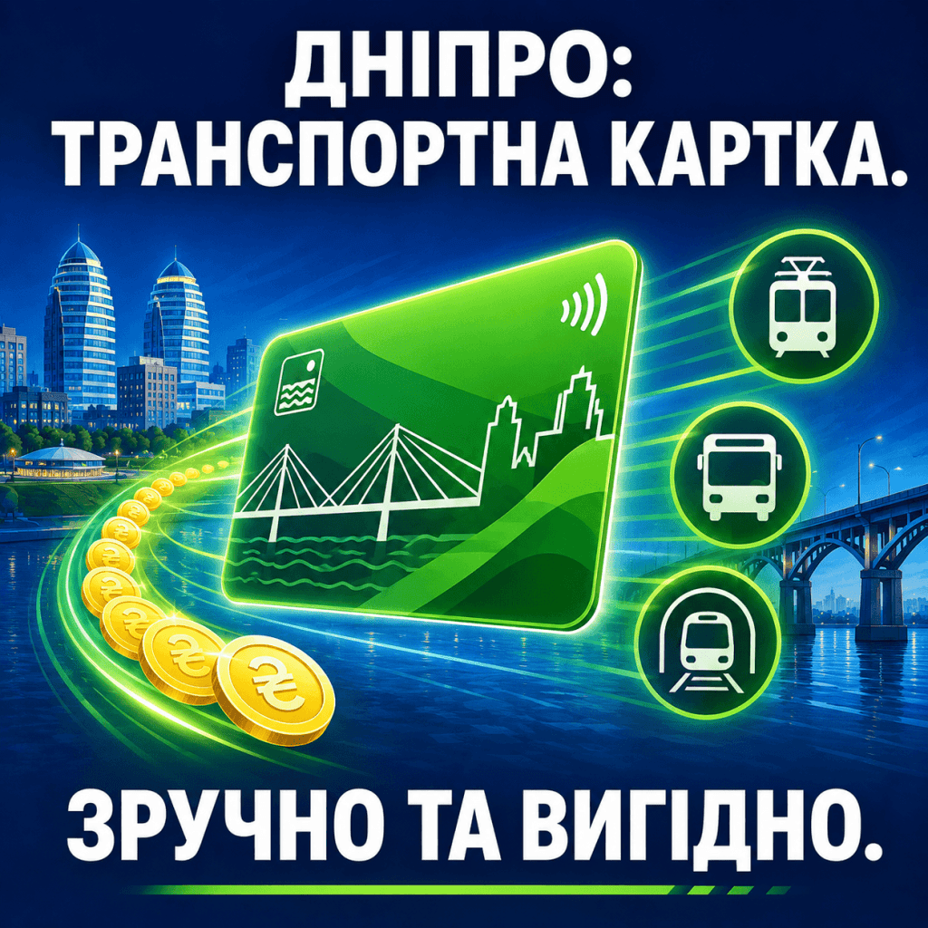 A modern high-resolution digital illustration, graphic vector style. A dynamic design focusing on a bright green electronic transport card labeled "ТРАНСПОРТНА КАРТКА ДНІПРО" in a stylized way (no precise text inside the card, just shapes). The card flies over a graphic representation of the Dnipro river with modern bridge and buildings. Surrounding the card are circular icons of a tram, a bus, and a metro train. As the card moves, it leaves a trail of stacked coins. Bright green and deep blue color scheme. Bold white sans-serif typography reads: "ДНІПРО: ТРАНСПОРТНА КАРТКА." Below: "ЗРУЧНО ТА ВИГІДНО." Optimized for mobile readability. No people.