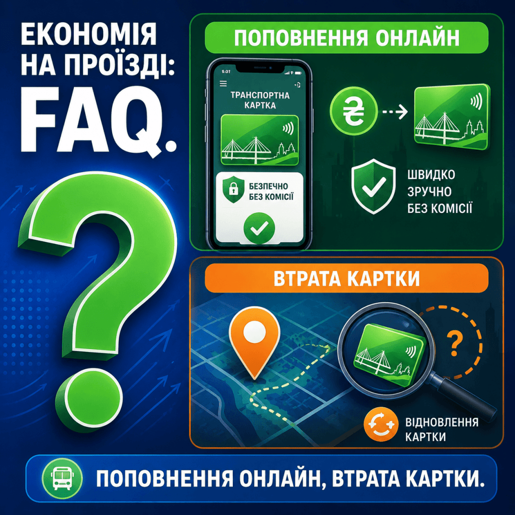 Ілюстрація у стилі інфографіки, що показує покроковий процес: смартфон поповнює картку без комісії, а поруч — іконка пошуку для відновлення втраченої картки. Жирний текст українською мовою про FAQ.