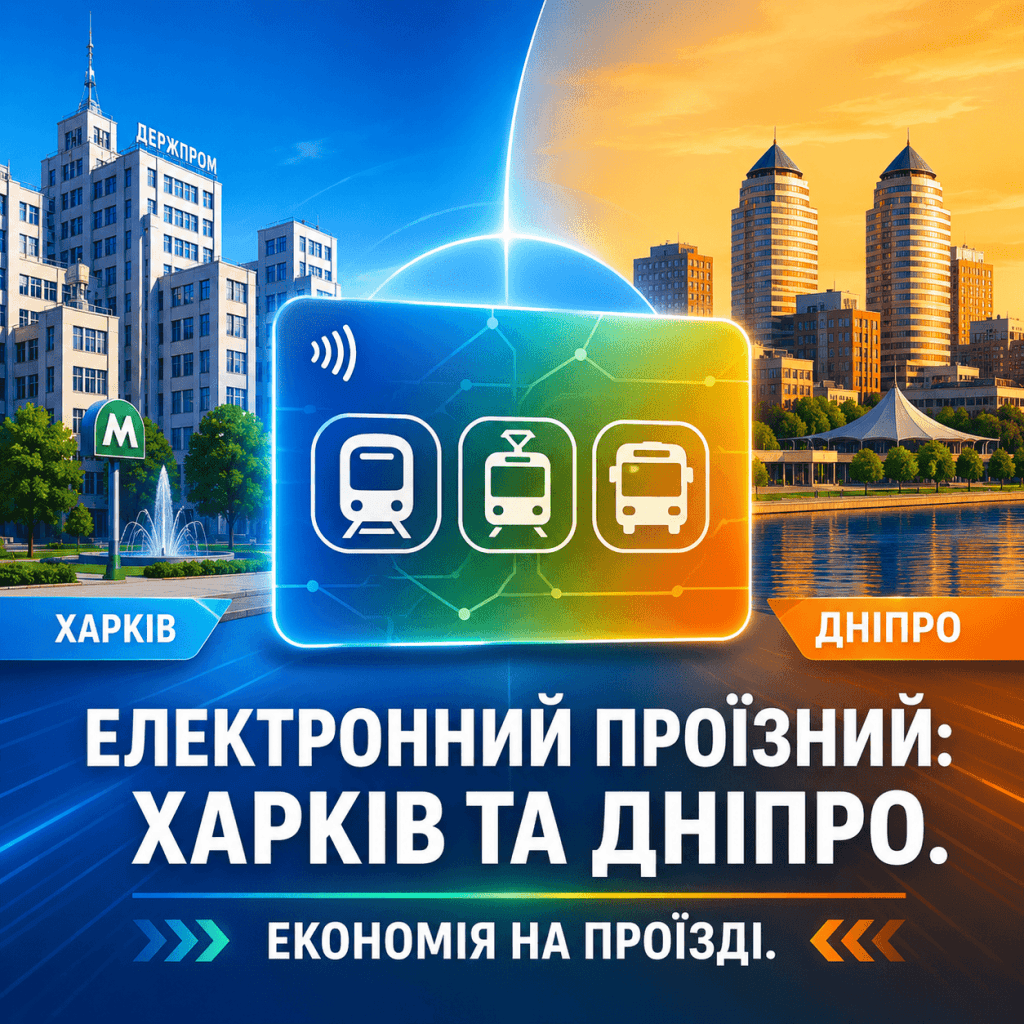 Сучасна графічна ілюстрація, що об'єднує стилізовані елементи Харкова та Дніпра (транспорт та архітектура), навколо великої транспортної смарт-картки. Зверху жирний текст українською мовою про електронний проїзний та економію.