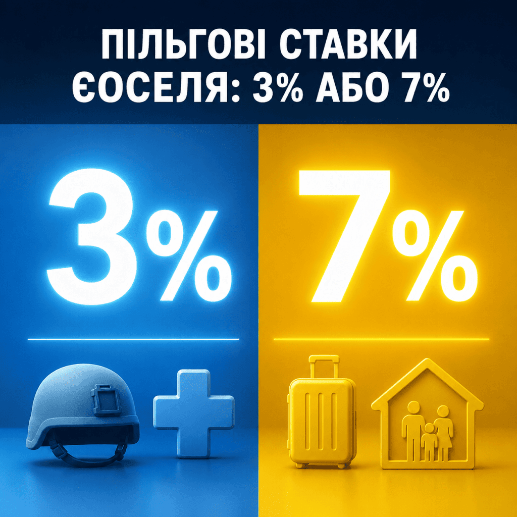 Інфографіка, що порівнює пільгові відсоткові ставки за програмою єОселя: 3% для військових та медиків, та 7% для ВПО та інших громадян.