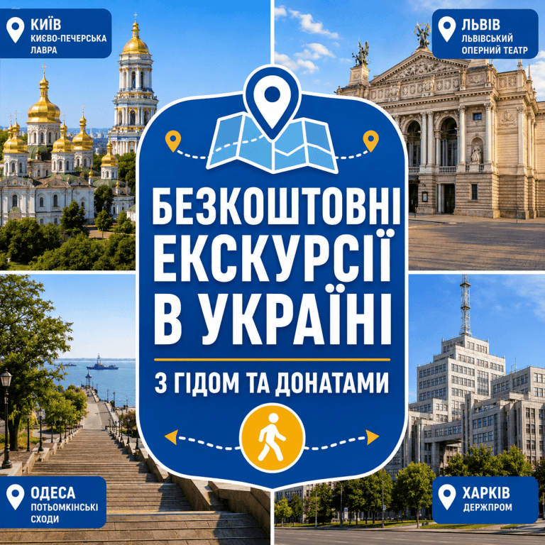 Коллаж реальных исторических достопримечательностей Украины: Киева, Львова, Одессы и Харькова с текстом "БЕСПЛАТНЫЕ ЭКСКУРСИИ В УКРАИНЕ" на украинском языке, оптимизированный для мобильных устройств.