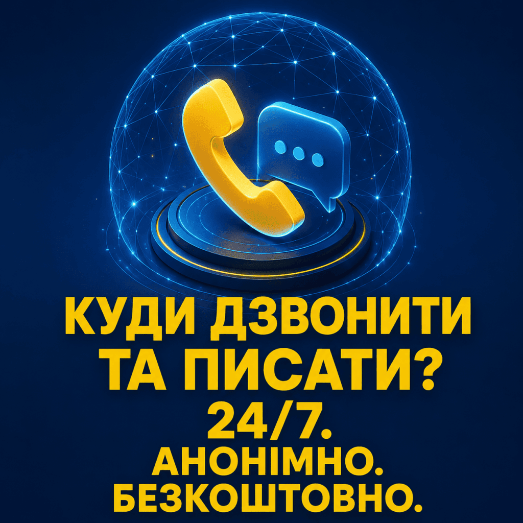 Стилізоване 3D-зображення, що символізує гарячі лінії психологічної допомоги та онлайн-чати. Жовтий жирний текст українською мовою на синьому тлі запитує: "КУДИ ДЗВОНИТИ ТА ПИСАТИ? 24/7. АНОНІМНО. БЕЗКОШТОВНО."