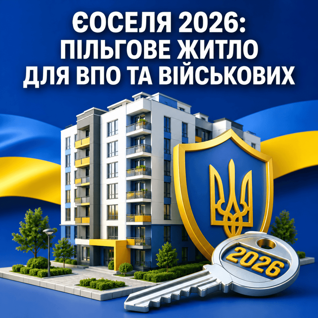 Сучасна 3D ілюстрація житлового будинку під захисним щитом, що символізує програму єОселя 2026 для ВПО та військових.