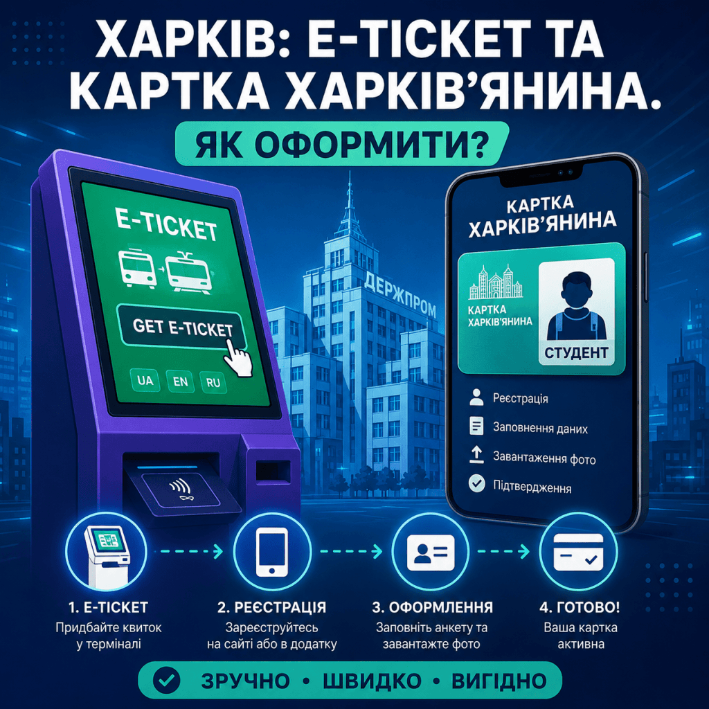 Ілюстрація в синьо-блакитних тонах, що показує процес оформлення транспортних карток у Харкові. Зліва — термінал самообслуговування, справа — смартфон із застосунком Картка харків'янина. Великий жирний текст українською мовою.