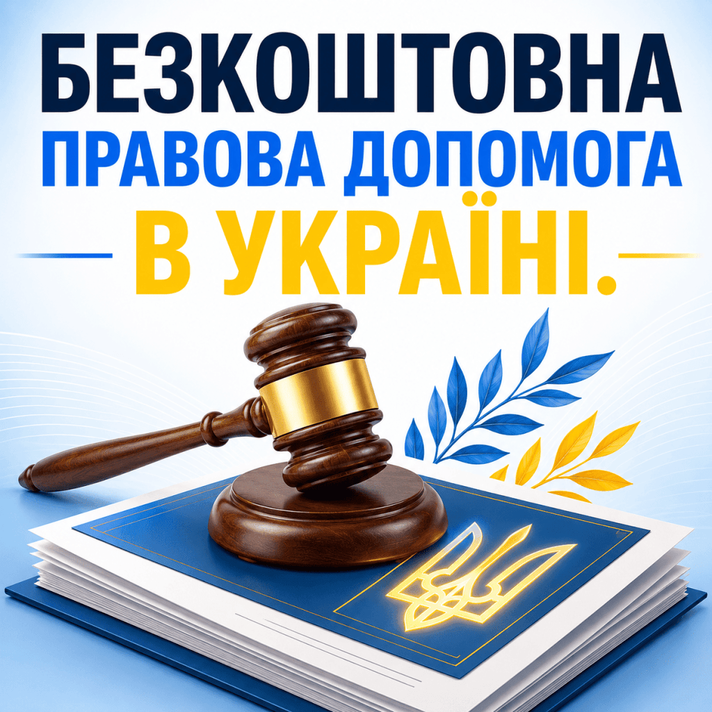Ілюстрація суддівського молотка на стосі документів з Тризубом та заголовком про безкоштовну правову допомогу в Україні.
