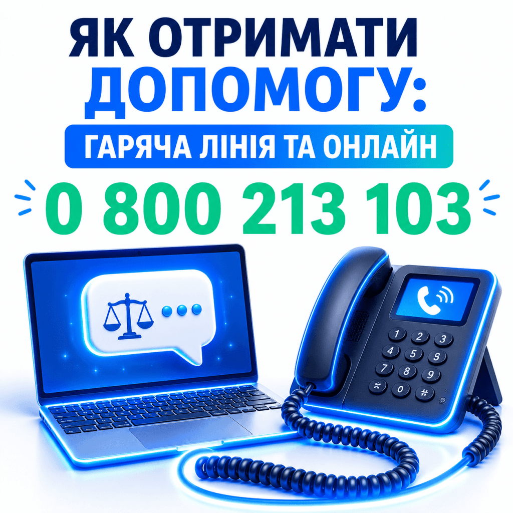 Сучасна ілюстрація, що показує способи отримання правової допомоги через ноутбук та гарячу лінію з номером 0 800.