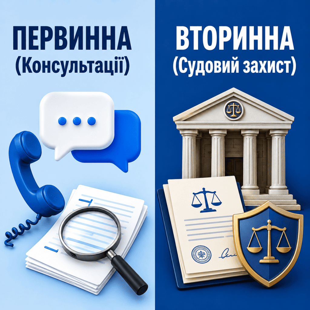 Інфографіка, що порівнює два види безкоштовної правової допомоги: первинну (консультації) та вторинну (судовий захист).