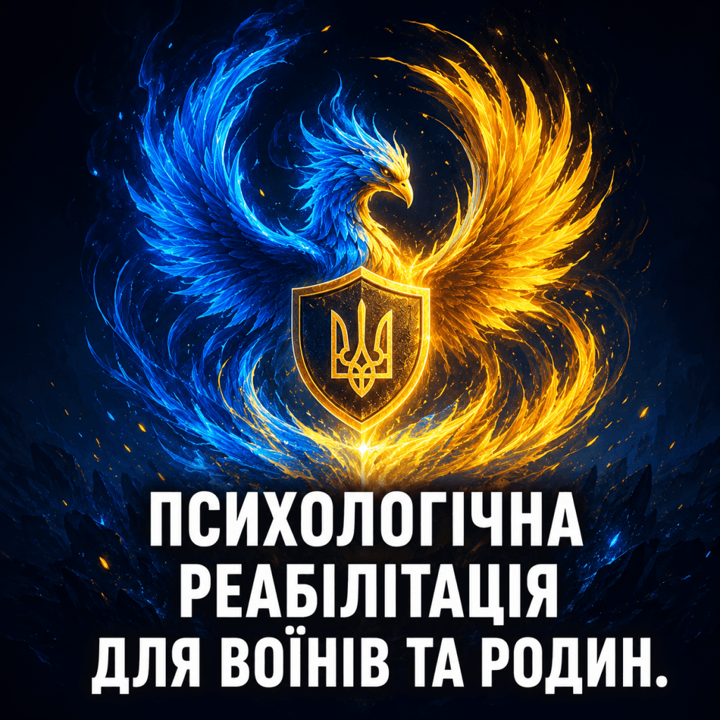 Художнє зображення фенікса, що відроджується, символізуючи психологічну реабілітацію. На зображенні великий жирний текст: "ПСИХОЛОГІЧНА РЕАБІЛІТАЦІЯ ДЛЯ ВОЇНІВ ТА РОДИН."