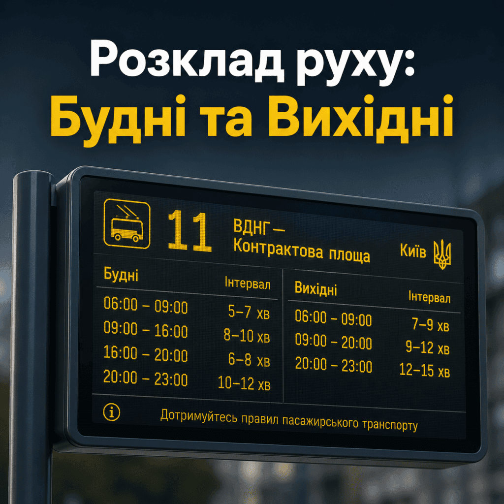 Електронне інформаційне табло з розкладом руху тролейбуса номер 11 у Києві.