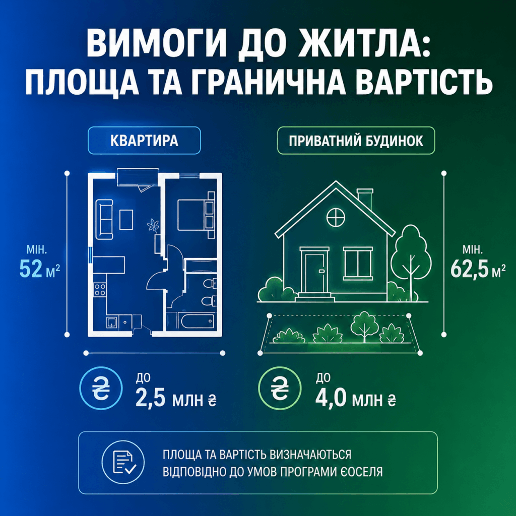Графічне зображення схем квартири та приватного будинку, що ілюструє вимоги програми єОселя до площі та граничної вартості нерухомості.