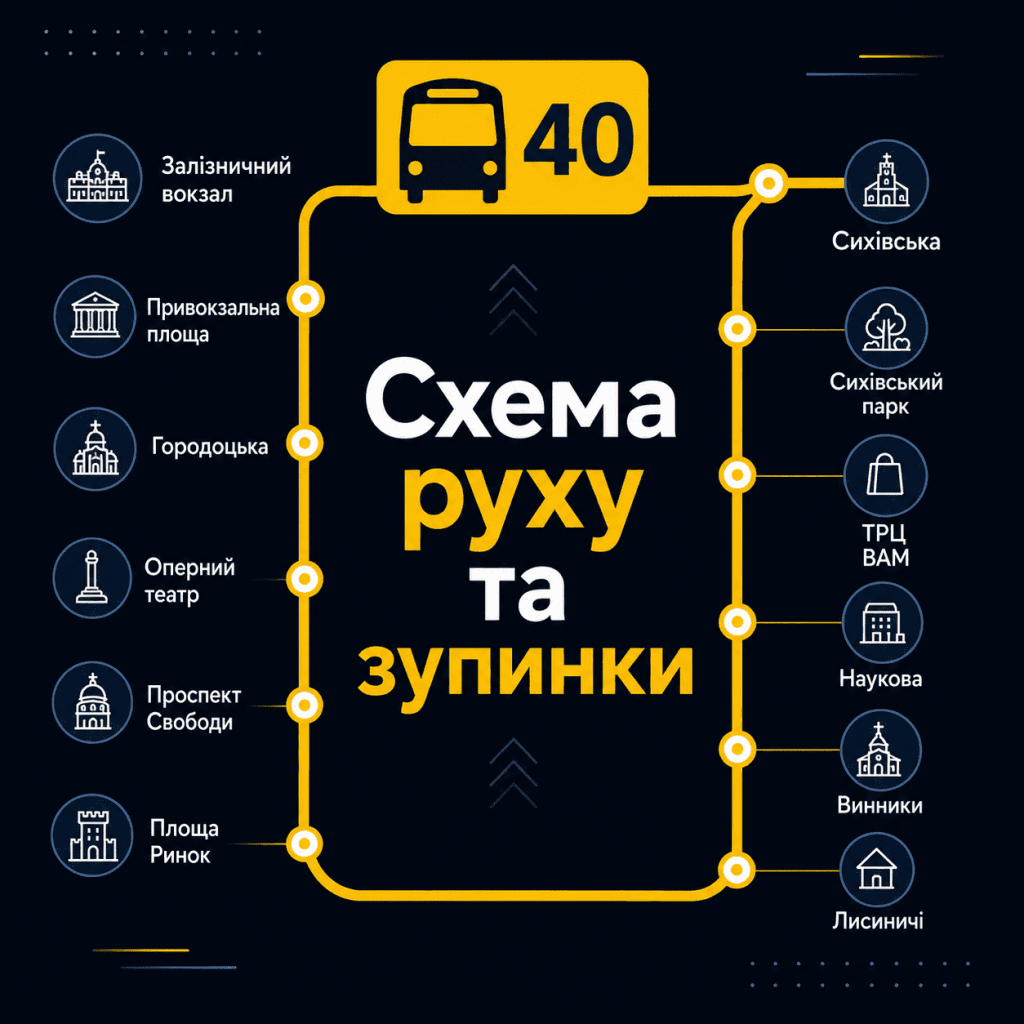 Графічна інфографіка маршруту, що показує схему руху та зупинки сорокового автобуса у Львові.