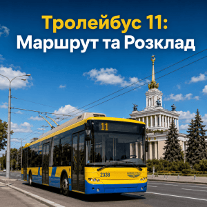 Модерновий київський тролейбус №11 на фоні павільйону ВДНГ у Києві.