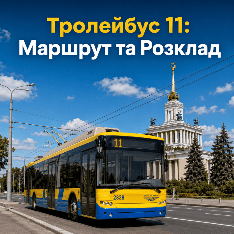 Модерновий київський тролейбус №11 на фоні павільйону ВДНГ у Києві.