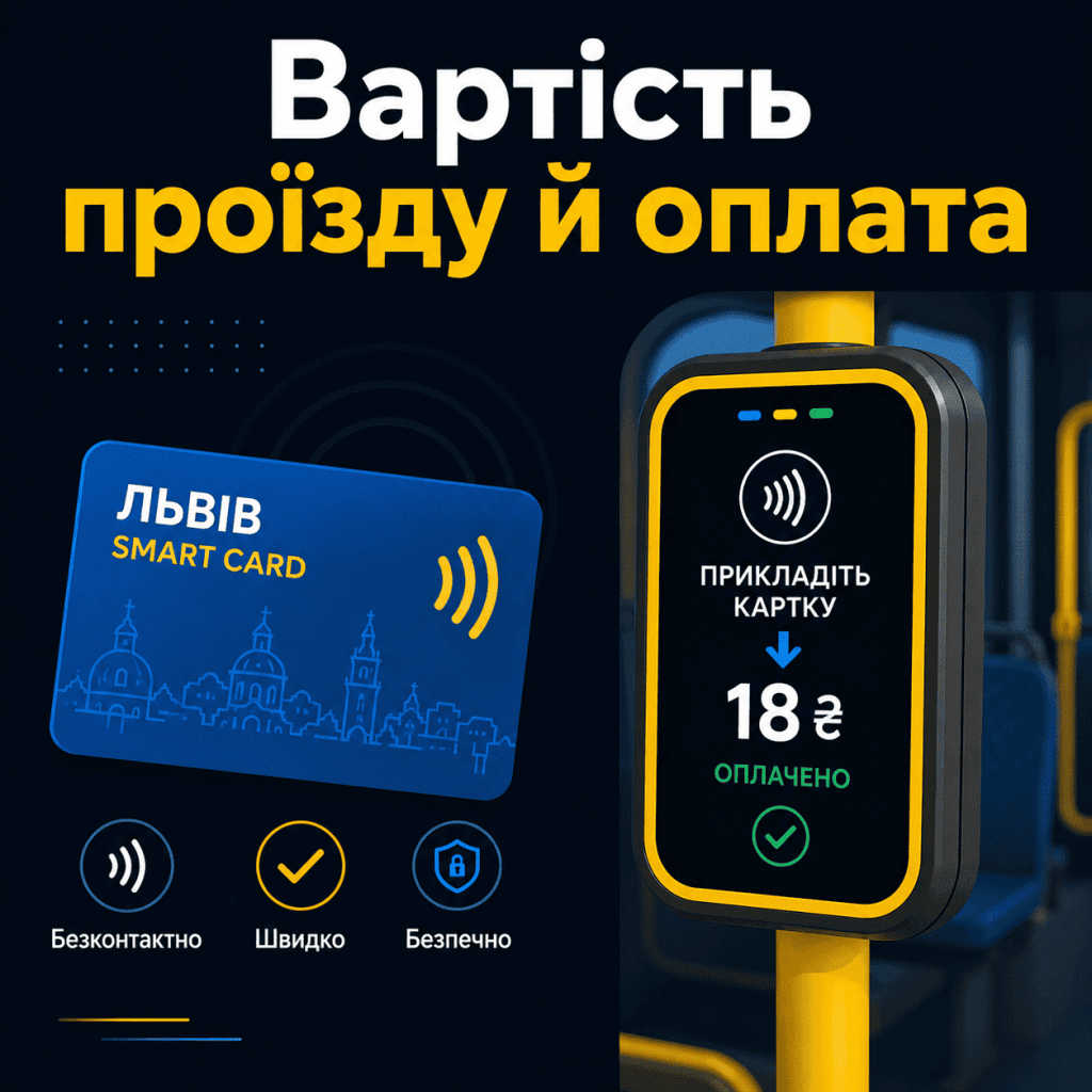 Ілюстрація системи оплати проїзду у львівському транспорті з безконтактною карткою та валідатором.