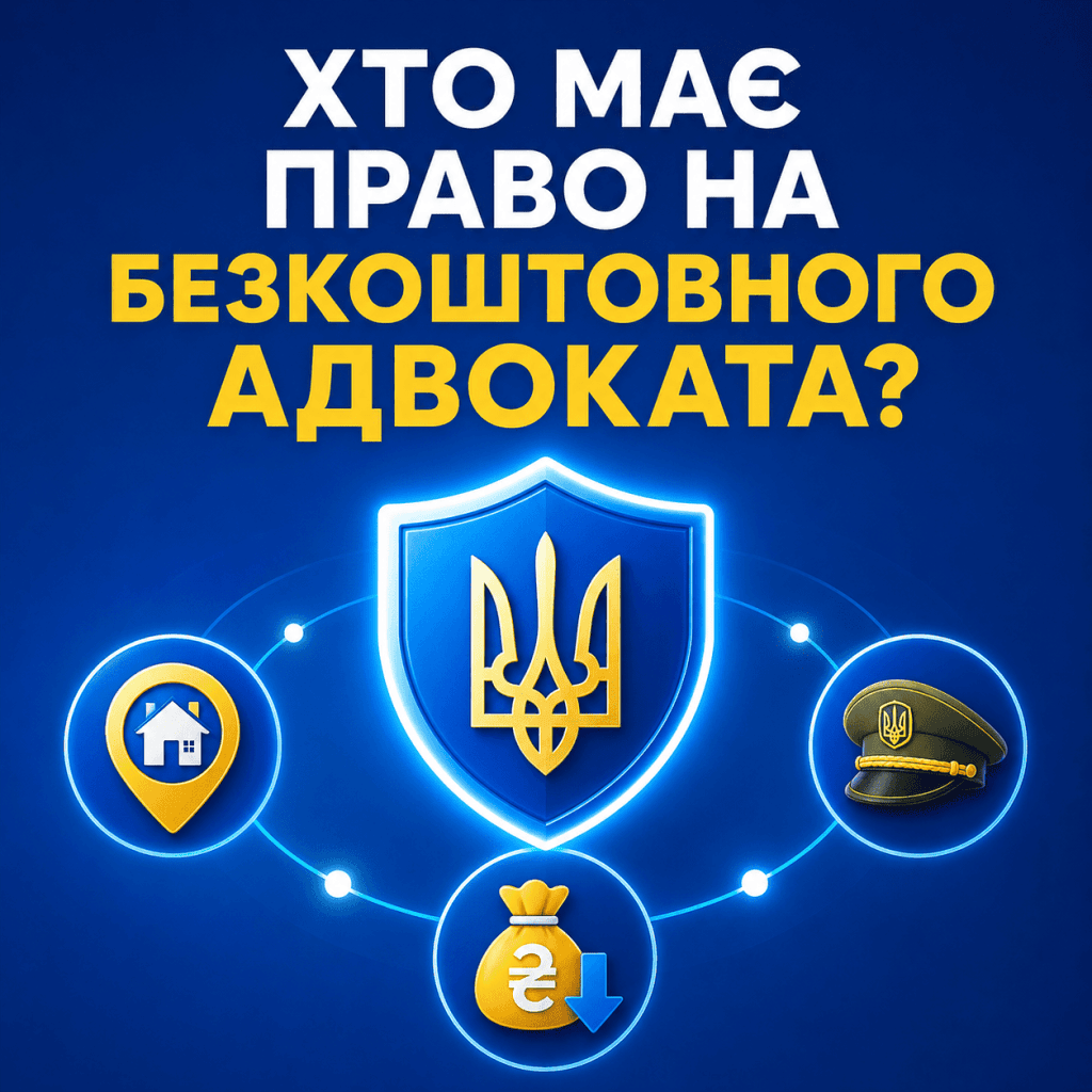 Ілюстрація з символами, що представляють різні категорії громадян, які мають право на безкоштовного адвоката.