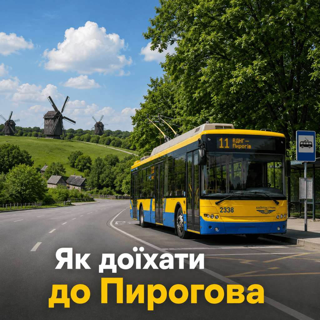 Кінцева зупинка тролейбуса 11 біля музею народної архітектури та побуту Пирогово в Києві.