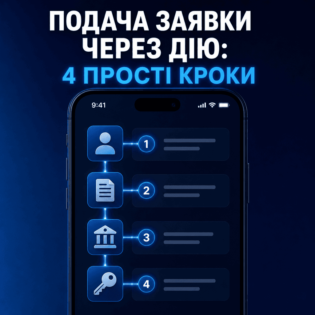 Стилізоване зображення смартфона, що показує абстрактні етапи подачі заявки на пільгову іпотеку єОселя через застосунок Дія.