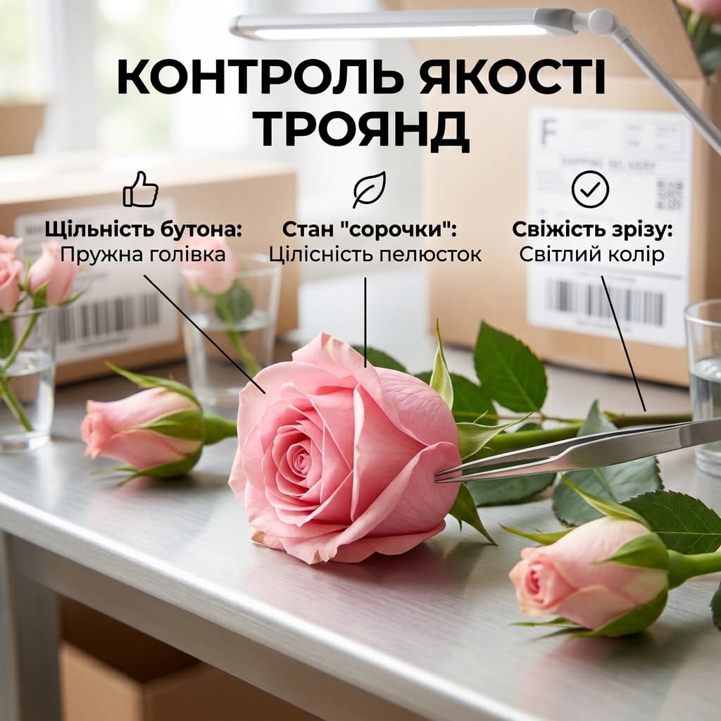 Професійна перевірка якості троянд після доставки на склад квіткового магазину.