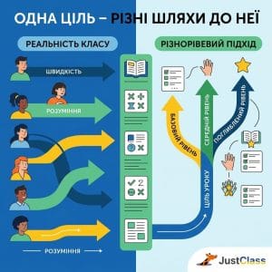 Сучасна інфографіка, що порівнює "Реальність Класу" з учнями різної швидкості навчання та "Диференціацію" з одним основним шляхом, що розгалужується на базовий, середній та поглиблений рівні до єдиної цілі уроку. У правому куті — лого JustClass.