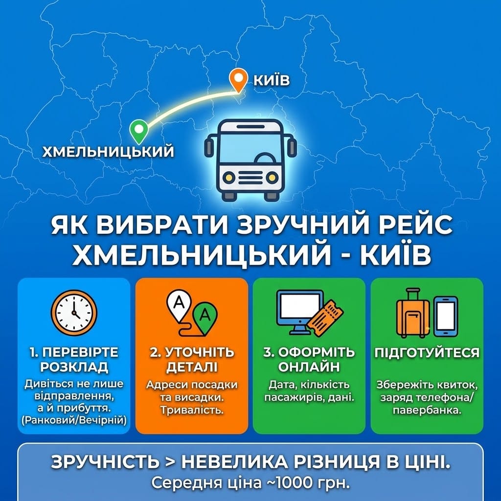 Квадратна інфографіка, яка показує основні кроки вибору зручного автобусного рейсу Хмельницький - Київ. Вона включає перевірку розкладу (ранковий/вечірній), уточнення деталей (адреси посадки/висадки), онлайн-оформлення та підготовку до поїздки (квиток, заряд телефона) з корисними порадами та середньою ціною.