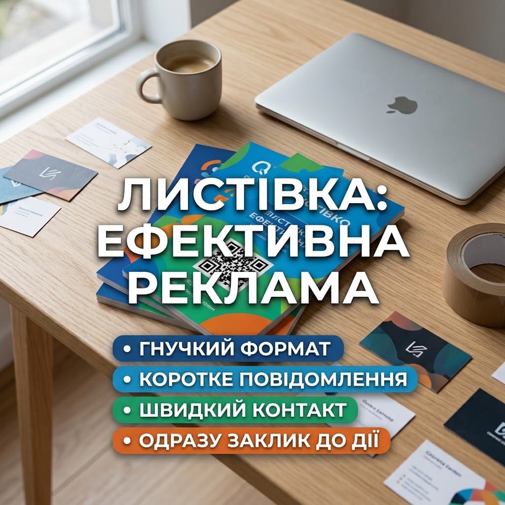 Сучасний натюрморт із різними рекламними листівками, QR-кодом та текстом українською мовою про переваги цього формату для бізнесу.