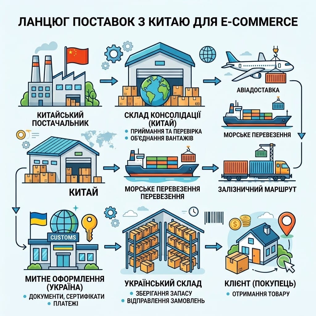 Інфографіка ланцюга поставок товарів з Китаю в Україну для інтернет-магазинів. Показує етапи: постачальник у Китаї, склад консолідації, міжнародне перевезення, митне оформлення в Україні, склад в Україні та клієнт.