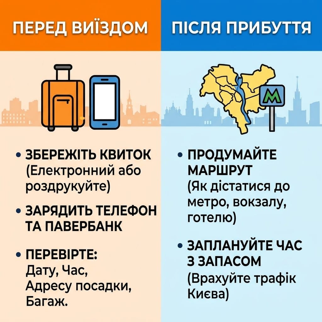 Квадратна інфографіка, що розділена на дві частини. Ліва частина показує список речей, які потрібно перевірити та підготувати перед виїздом з Хмельницького (квиток, заряд телефона, дата/час). Права частина надає поради щодо дій після прибуття в Київ, включаючи планування маршруту та врахування міського трафіку.