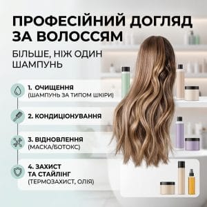 Фото професійних засобів для волосся та стилізований список етапів комплексного догляду українською мовою: Очищення, Кондиціонування, Відновлення, Захист.