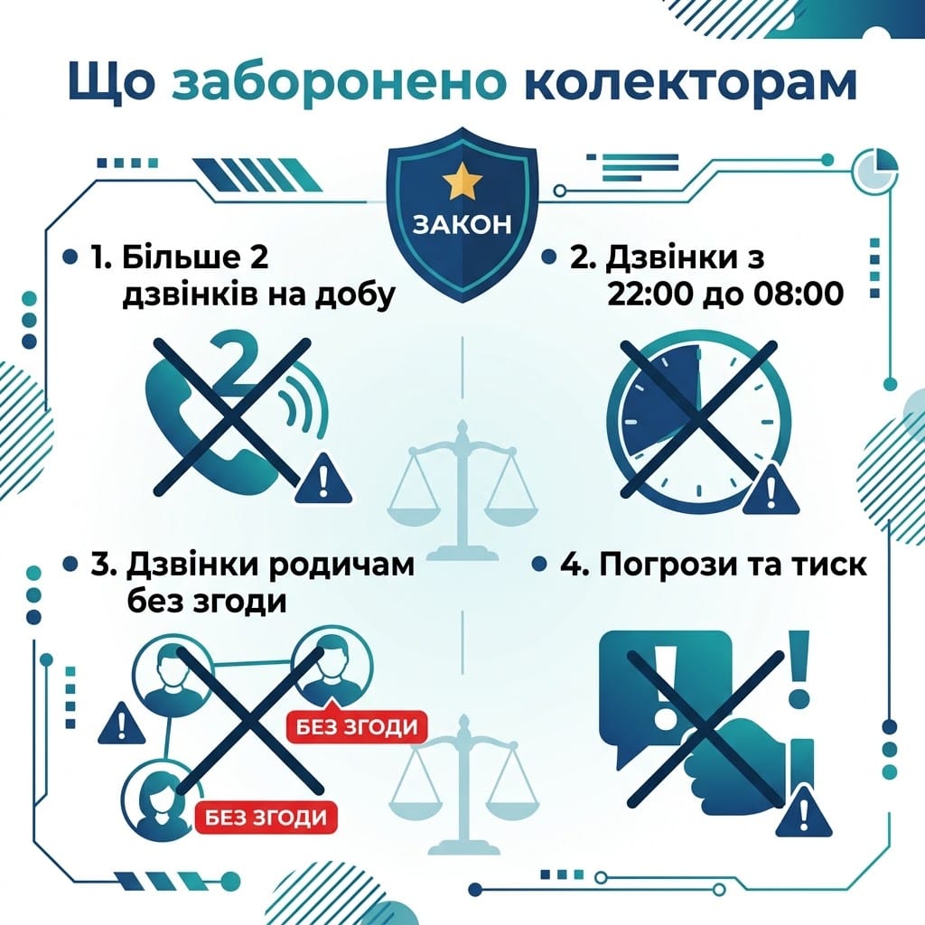Інфографіка «Що заборонено колекторам в Україні» із переліком незаконних дій та юридичним щитом.